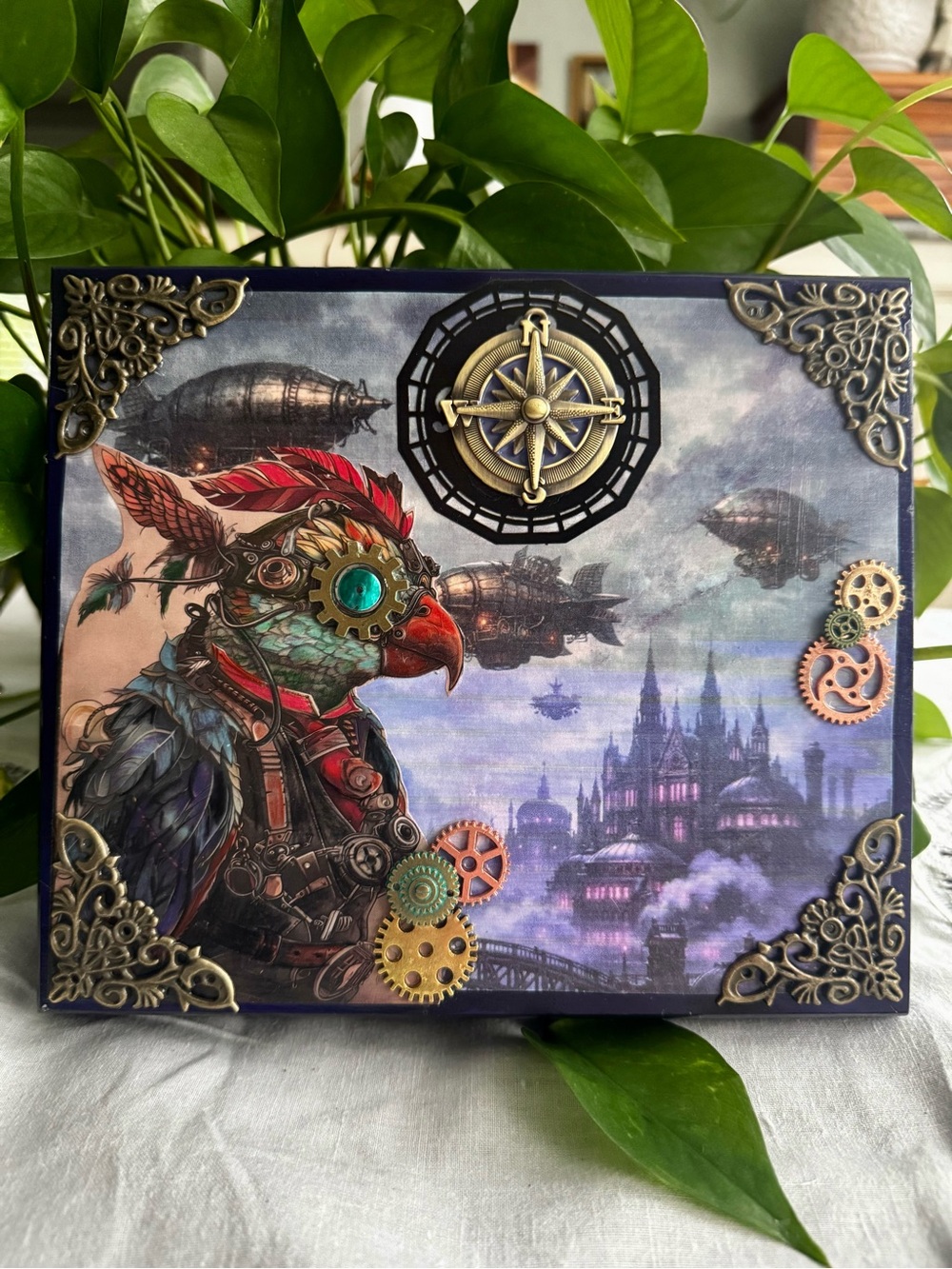 Steampunk wood cigar box mixed media Aviary Art with Brass Accents 8.5”x 7.5”x2” - Picture 9 of 9